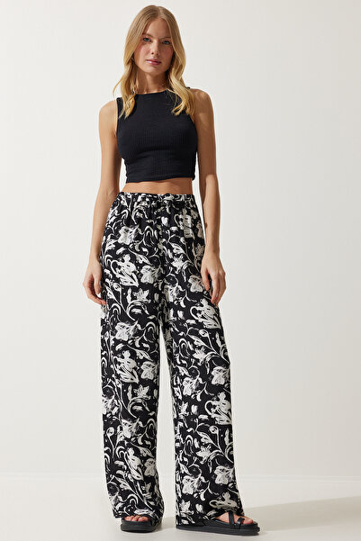 Lovelyİstanbul Patterned Flowy Viscose Palazzo Trousers White Black Len0003