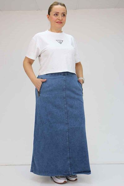Eslina 45011 Large Size Zippered Denim Skirt - Blue