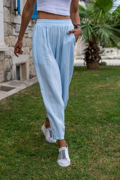Güneşkızı Baby Blue Muslin Casual Trousers with Elastic Waist and Pockets Bst3416