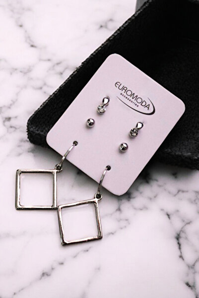 EUROMODA Silver Color Coated 3-Piece Earring Set with Quadrilateral Design Ball Earrings