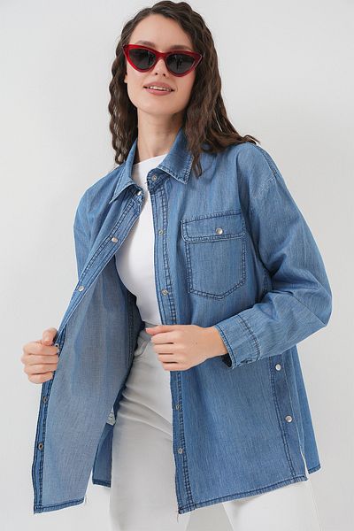 Bigdart Cămașă de damă din denim cu detaliu cu nasturi 20299 - Albastru