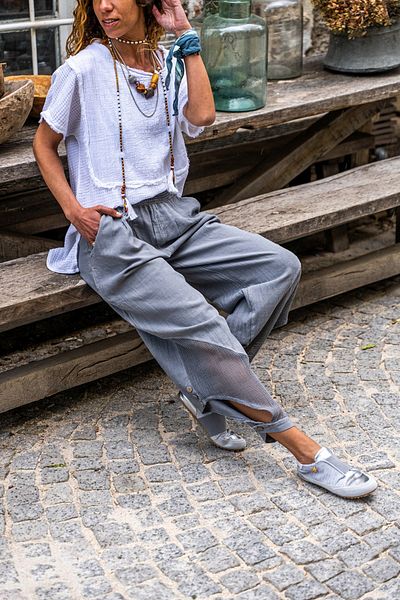 Güneşkızı Women's Gray Elastic Waist Buttoned Mesh Linen Shalwar Trousers Rsd3038