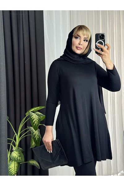 LİKRA Women's Large Size Waist-Seated Pocketed Lycra Viscos Tunic