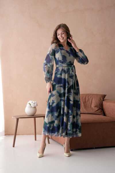 CİXAPLE Baskılı V Yaka Maxi Boy Elbise