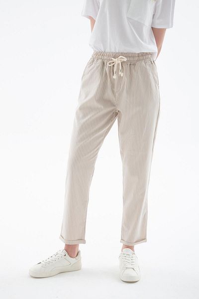 Fashion Friends Beige Striped Pants - Elastic and Comfortable