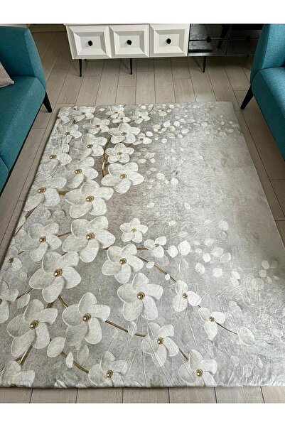 Meka Ev Tekstili Orkide Model Kadife/İpek Lastikli Halı Örtüsü