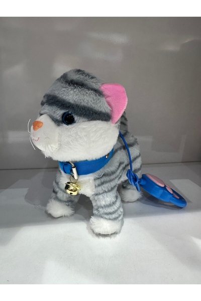 YVZ Pilli Sesli Tasmalı Kumandalı Yürüyen Sevimli Kedi Peluş Kedi  Tasmalı Kedi