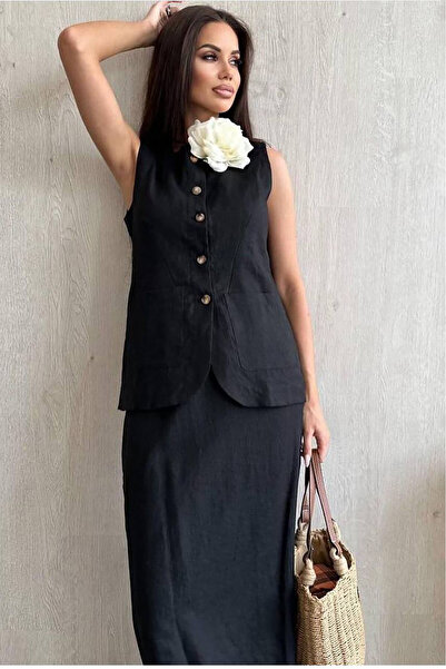 Neşeli Butik γυναικεία λινή φούστα γιλέκο κάτω επάνω διπλό σετ NBEMP1072