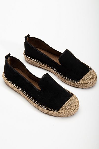 DENORA Black Matte Suede Thick Sole Flat Espadrille Straw Sole Shoes