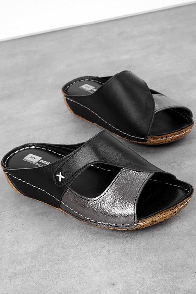 Lal Shoes & Bags Linsas Women's Genuine Leather Lattice Detailed Double Color Slippers-Black