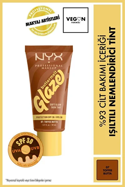 NYX Professional Makeup Buttermelt Glaze Soft Glow Skin Tint + SPF/FPS 30,12h Wear, Toffee Butta