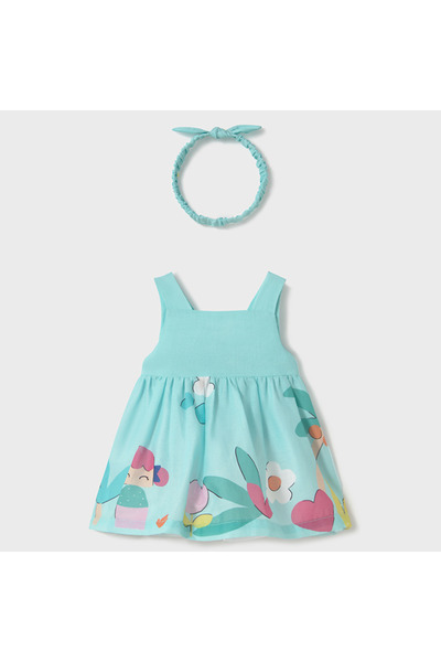 MAYORAL فستان بناتي من القطن للاسترخاء مع عصابة رأس باللون الأزرق L25Y1873