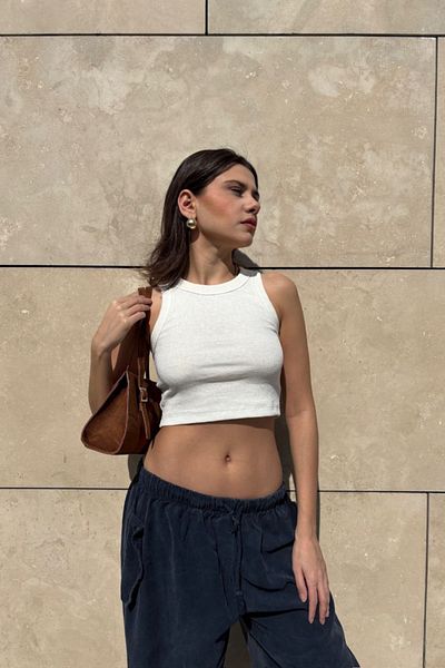 Siner Fashion White Women's Ribbed Halter Neck Knitted Crop Tank Top