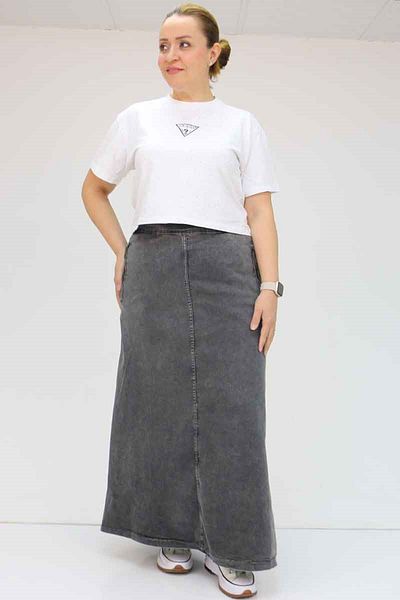 Eslina 45011 Large Size Zippered Denim Skirt - Anthracite