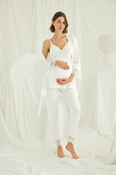 MONAMİSE Women's Ecru Strappy Lace Maternity Dressing Gown 3 Piece Set