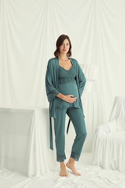 MONAMİSE Women's Green Strappy Lace Maternity Dressing Gown 3 Piece Set