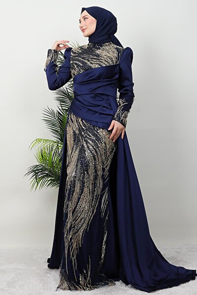 lizatesettür Drapeli Pelerinli Abiye Lacivert