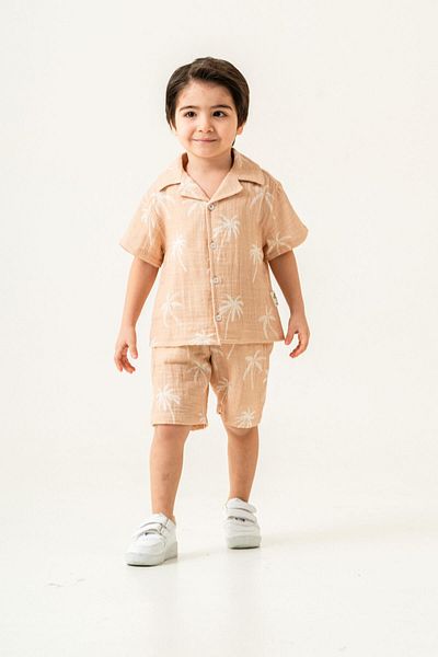 KIPIRIK BABY 2-Piece Boy's Brown Patterned Linen Shorts Set