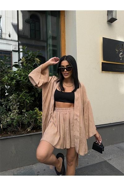 JANES Beige Jacquard Kimono and Shorts Set