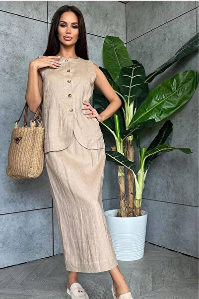 Neşeli Butik γυναικεία λινή φούστα γιλέκο κάτω επάνω διπλό σετ NBEMP1072