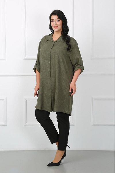By Alba Collection Women's Dark Khaki Soft Linen Large Size Tunic