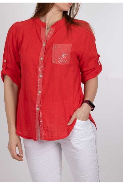 Butik Şans Sequin Sequin Detailed Three Quarter Sleeve Italian Linen Shirt