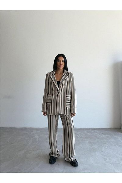 civetta Beige Ottoman Striped Jacket and Trousers Tk