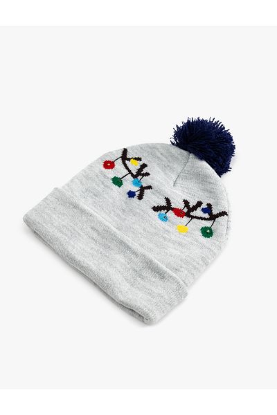 Koton Patterned Beret - Pompom Detailed