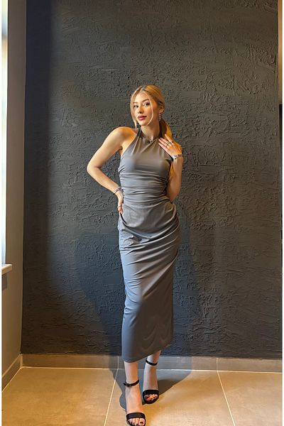 mekabutik Gray Draped Back Detail Long Dress