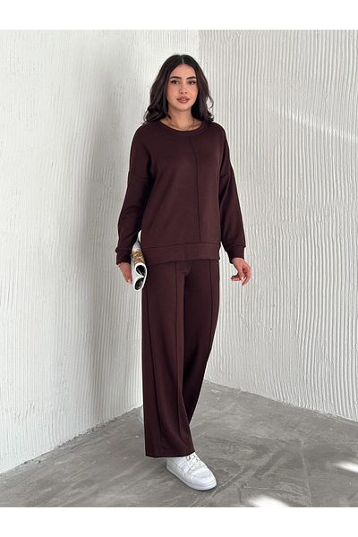 Güler Casual Grass Detailed Modal Fabric Wide Leg Tracksuit Set Brown Color