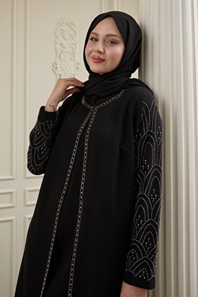 InStyle Nakışlı Kapak Detay Siyah Ferace
