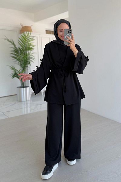 Ka Hijab Set triplu cu mâneci și detaliu cu fundă - negru