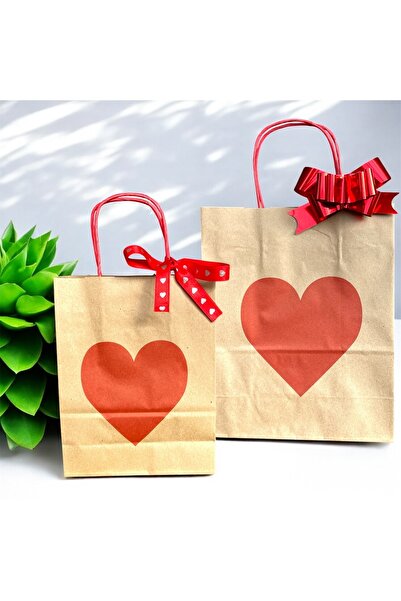 HUR-AY PACK Çeksü Hediyeli Özel Kağıt Çanta / Kırmızı Kalp Baskılı Kraft Çanta / 2 Büyük 2 Küçük Vee Çeksüs