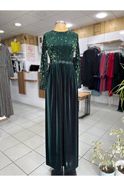 ZÜMRA Pullu Yeşil Kadife Elbise