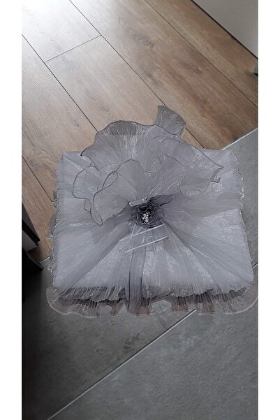 Genel Markalar Gri Renk Piliseli Tül Güllü Fiyonklu Söz Nişan Süs Bohça 40x50