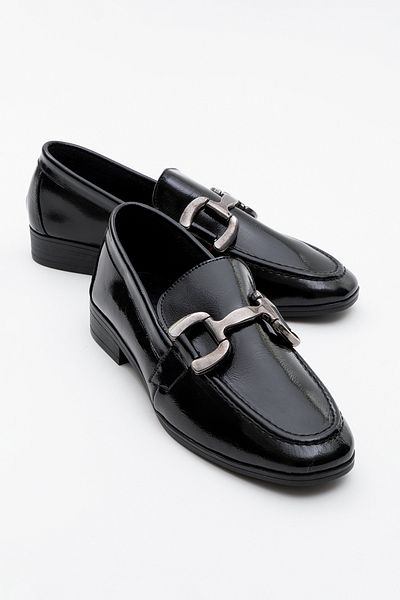 LuviShoes ROUS Damen-Loafer-Schuhe aus schwarzem Lackleder mit Schnalle aus echtem Leder