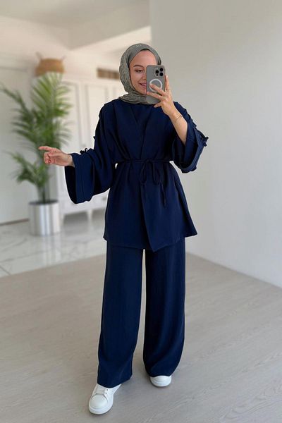 Ka Hijab Τριπλό κοστούμι με λεπτομέρεια με φιόγκο μανίκια - Navy Blue