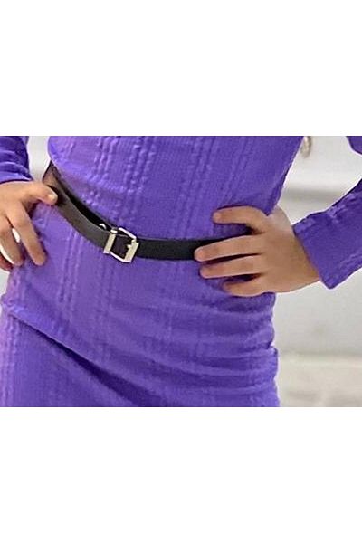 TRENDİMİZBİR Girl's Long Sleeve Knitwear Clothes Set - Purple Combination with Belt and Over-The-Knee Socks