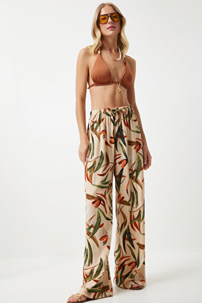 Lovelyİstanbul Patterned Flowing Viscose Palazzo Trousers Cream Tile Len0003