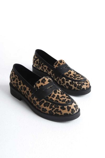 GNS Shoes Leather Black Leopard Patterned Women's Loafer Shoes