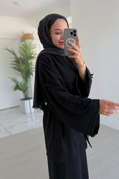 Ka Hijab Set triplu cu mâneci și detaliu cu fundă - negru