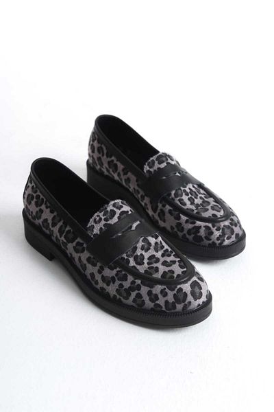 GNS Shoes Genuine Leather Gray Leopard Patterned Women's Loafer Shoes
