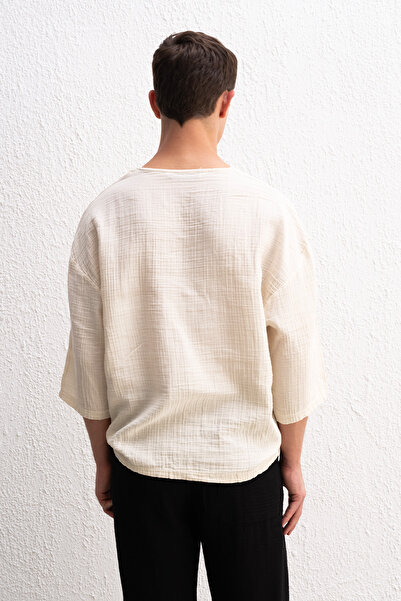 GIESTO Μπεζ μπλουζάκι με κέντημα με μισό μανίκι