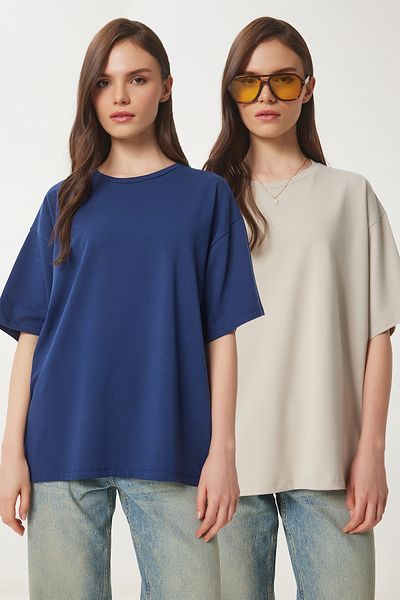 Lovelyİstanbul Set de 2 piese supradimensionat ALBASTRU ÎNCHIS LHW0007. Tricou Basic Stone