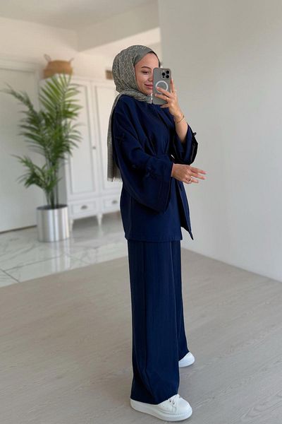 Ka Hijab Τριπλό κοστούμι με λεπτομέρεια με φιόγκο μανίκια - Navy Blue