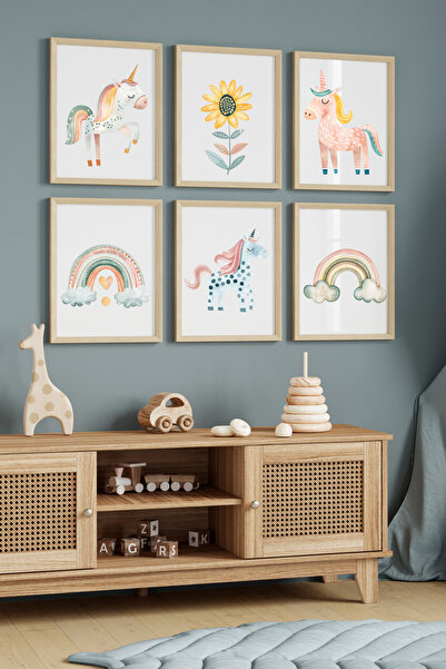 Hiras Dizayn Set de 6 postere pentru camera copiilor Unicorni boemi 3 dimensi...