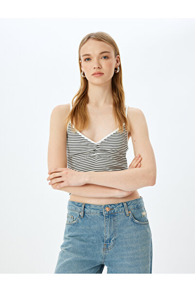 Koton Striped V-Neck Slim Fit Ribbed Undershirt with Rope Straps