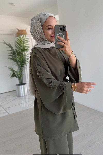 Ka Hijab Three Piece Suit with Bow Detail on Sleeves - Khaki