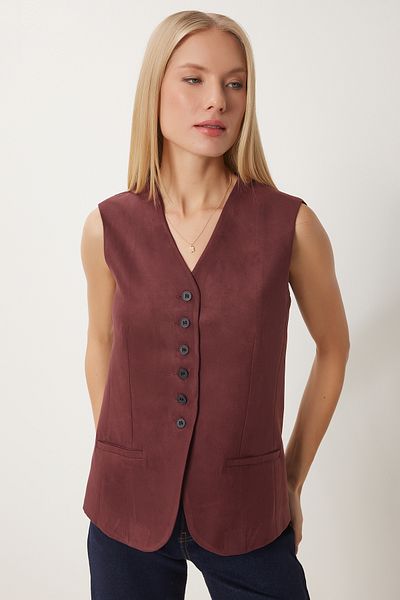 Lovelyİstanbul V-Neck Nubuck Vest Claret Red Lfn0080