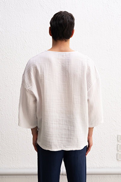 GIESTO Υπερμεγέθη κεντημένο με υφή μισό μανίκι λευκό μπλουζάκι